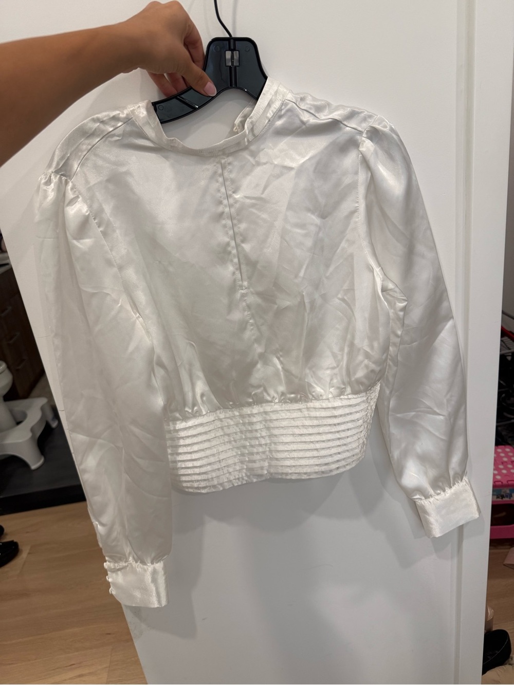 Aqua White Satin Long-Sleeve Crop Top